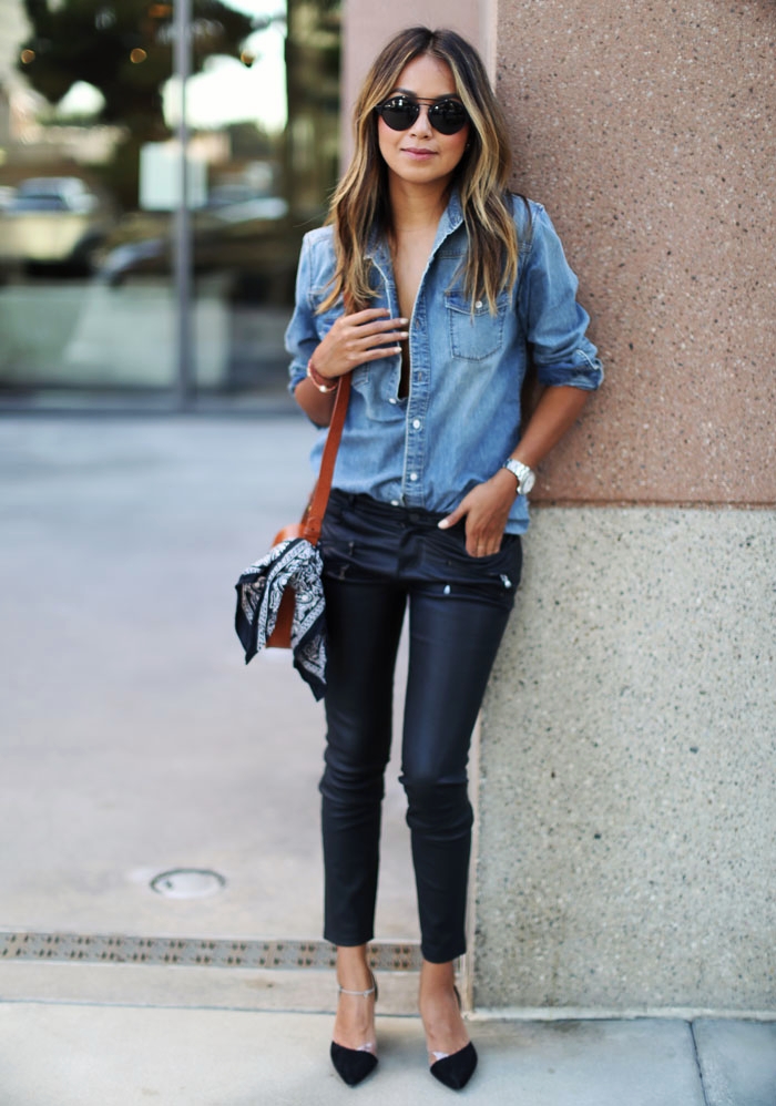 denim and leather outfit